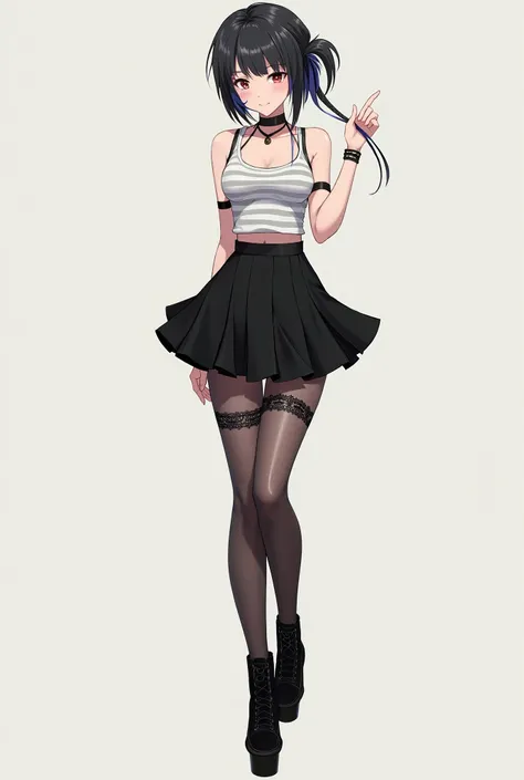  A femboy-style anime character with boots(womens boots black ), pantyhose7 /Strappy 8 , short black skirt and a white tank top with gray stripes