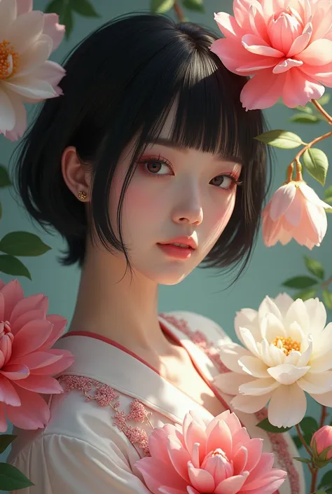 Beatiful women black short hair, white skin, big bloom,nation japanese dont anime