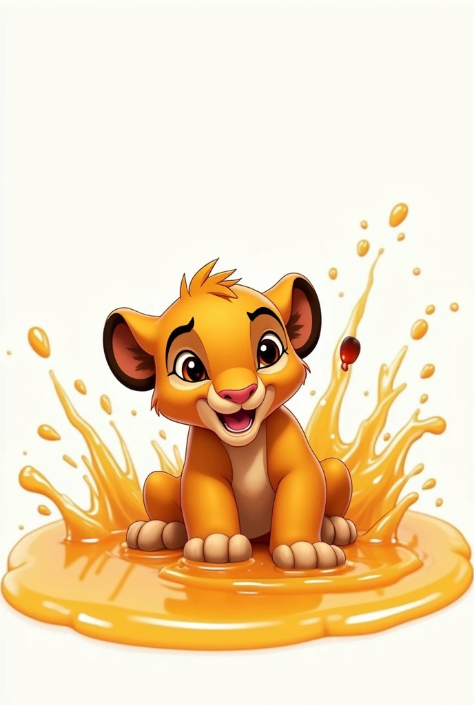 The character, cub,  Nala from the movie The Lion King, Playing with the syrup ,  white background 