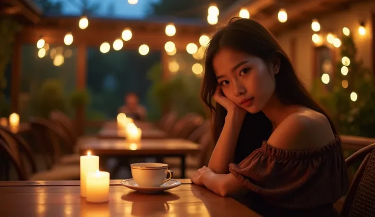  Set against the backdrop of a quaint, rustic café at dusk, the same young Thai woman sits at an intimate candlelit table on the patio, surrounded by twinkling fairy lights. The soft glow of the candles dances off the smooth surface of the table, illuminat...