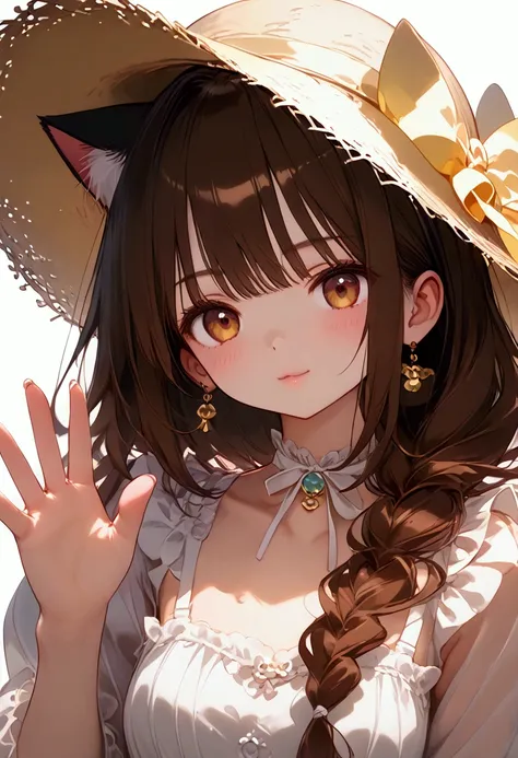 nstw, realistic skin, Absurd solution, Ultra-detailed, (The best quality illustrations), 8K, 超A high resolution, Cowgirl Shot, Simple background, cat ear、Shy、Embarrassing、Viewers Perspective、Kamimei、upper body、((1girl in、Lori))a straw fedora hat、onepiece、B...