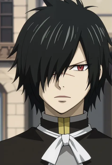 score_9, score_8_up, score_7_up, intricate details, anime screencap, depth of field, 1boy, solo, male focus, rogue_cheney, black hair, red eyes, , hair over one eye, scar, , close-up, a dark and elegant outfit, consisting of a long black hooded cloak, clos...