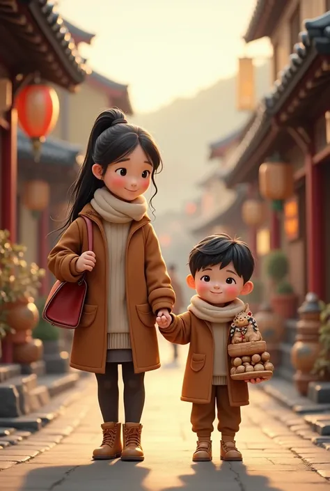 image of mother and son coming home shopping for traditional toys