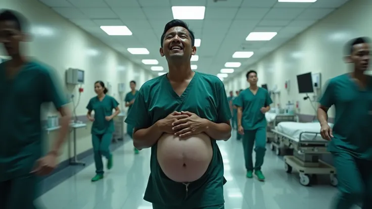 A highly detailed and photorealistic image of the interior of a hospital, specifically the emergency room of Hospital Umum in Surakarta. The scene captures a 30-year-old Indonesian man, visibly pregnant, clutching his swollen abdomen with both hands in a g...