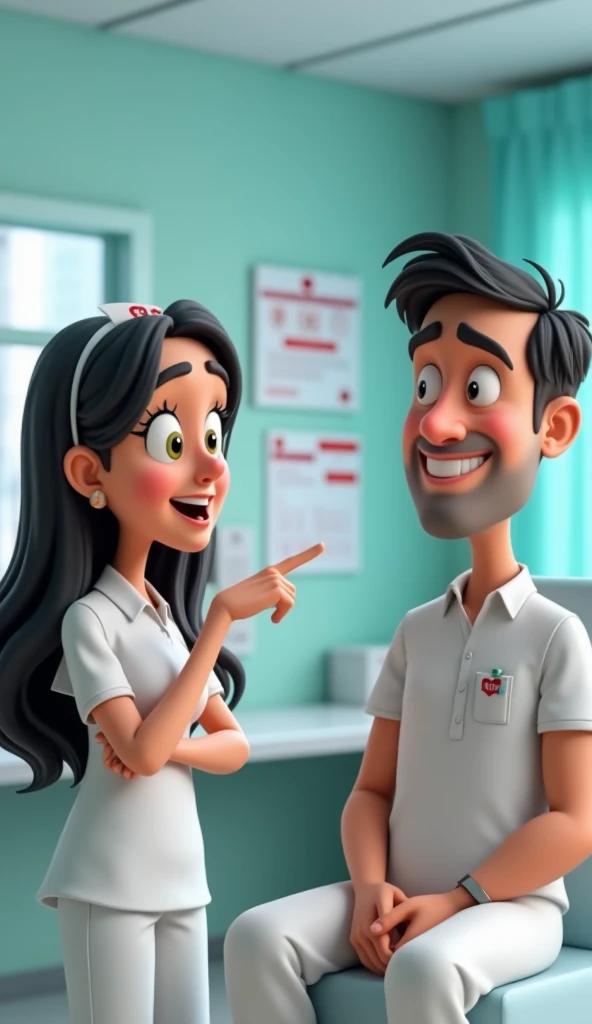 "A 3D Pixar-style cartoon image of the same cheerful young nurse with long dark hair, wearing a classic white uniform, standing in the background with a surprised expression, her hand covering her mouth. The man, sitting on the chair, points towards his wi...