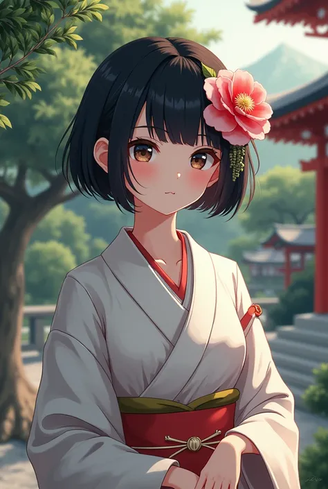 Beatiful women black short hair, white skin, big bloom,nation japanese in yukata at temple dont anime