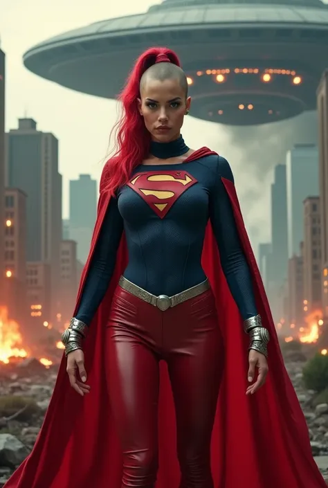  A beautiful woman (((With her head completely shaved ))),((( Showing only a red ponytail in the middle of her completely shaved head ))),((( Red leather pants fitted to her sensual body ))),(((Under the mantle of the Kryptonian Kara Zor-the alias (((Super...