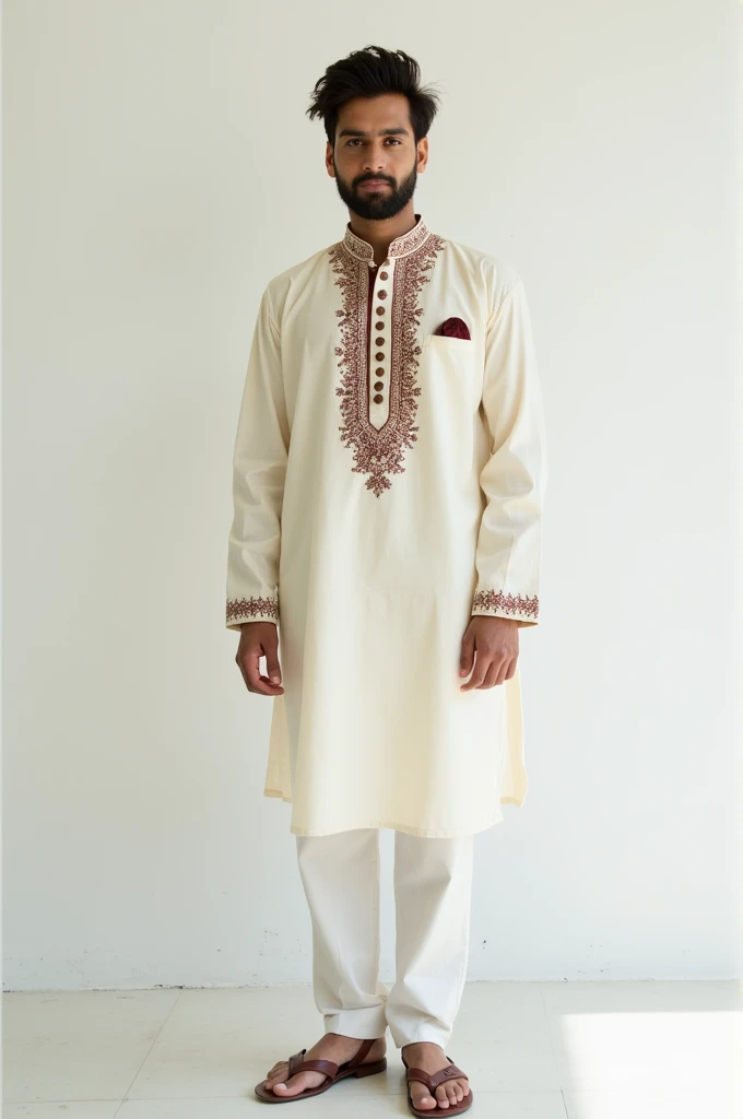 A 22-year-old man stands upright, wearing a white & brown Punjabi shirt, with a white wall behind him