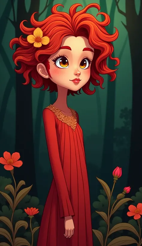 A tall, deep red cartoon figure with a calm and serene face. Its hair resembles crimson tendrils, with accents of gold and orange flowers. The background is a dark forest green. Use a bold and dramatic cartoon style