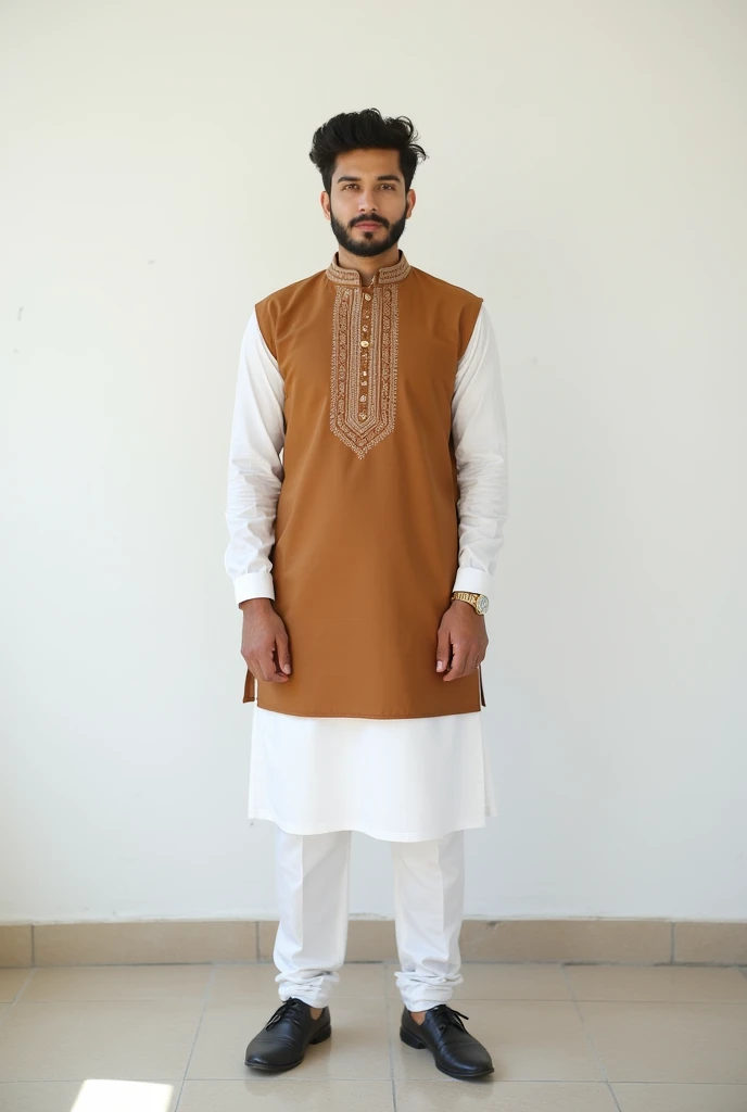 A 22-year-old man stands upright, wearing a white & brown Punjabi shirt, with a white wall behind him