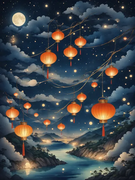  lantern、Night Sky、 Fantastic、 highest image quality taken by Ki、Super Sensai　