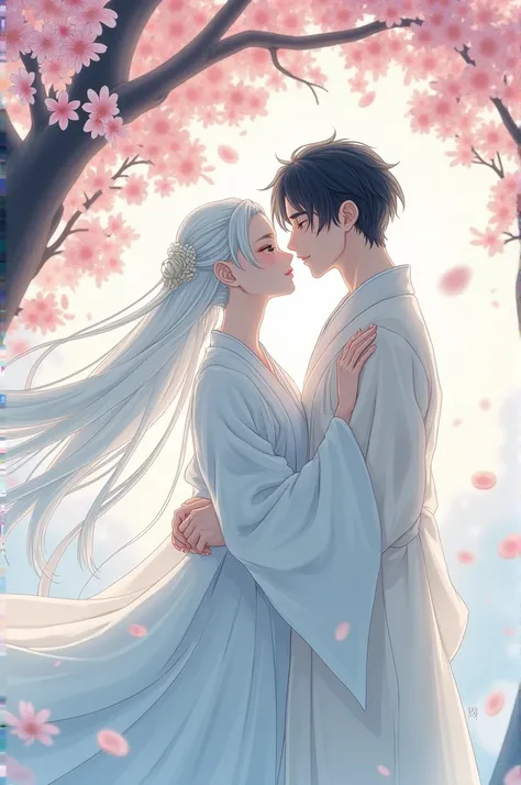 Image of a japanese snow woman and a man being inlove under a cherry blossom tree with a title "Love Beyond Boundaries".