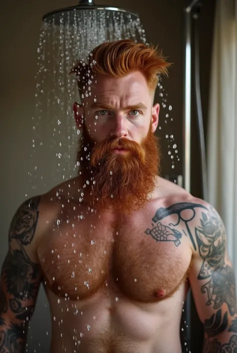 Redhead daddy with beard and big dick showering with his  naked