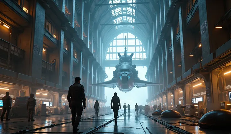  interior space of a space station that is drifting in space. huge spaces ,  people working in a futuristic industrial environment in the ,  like a large hangar where there are some ships parked, hyper realistic cinematic image ,  studio lighting
