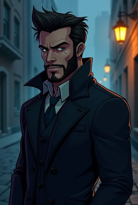 A mysterious male narrator cartoon character inspired by Wolverine and noir detectives, with rugged features, a sharp jawline, and piercing eyes. He has a few subtle facial scars and a shadowy, intense aura. Wearing a dark trench coat and gloves, he is ill...