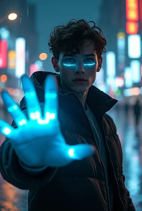 Make a white boy Alto , 1,83,  brown hair and slightly curly ,  with dark brown eyes , slender with fine features ,  pointy nose and thick North American lips,  of 20 years old in cyborg style  (  emanate blue energy from his hand )  in a shootout against ...