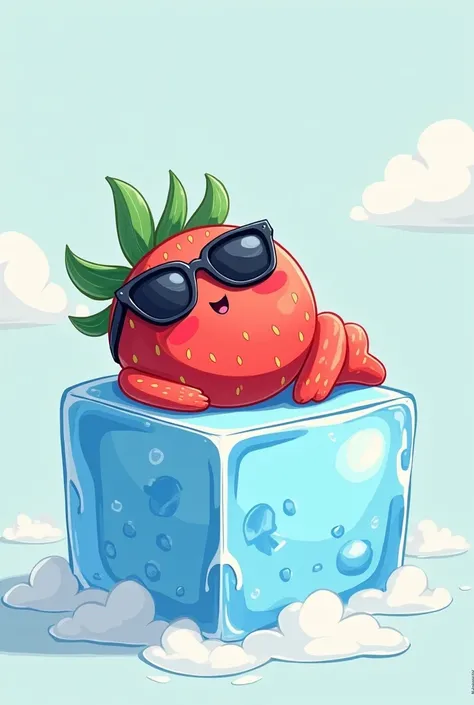  Create a thumbnail for the YouTube channel， Presents New Web 3 .0 A strawberry wears sunglasses,  Smile, Sleeping on Ice 