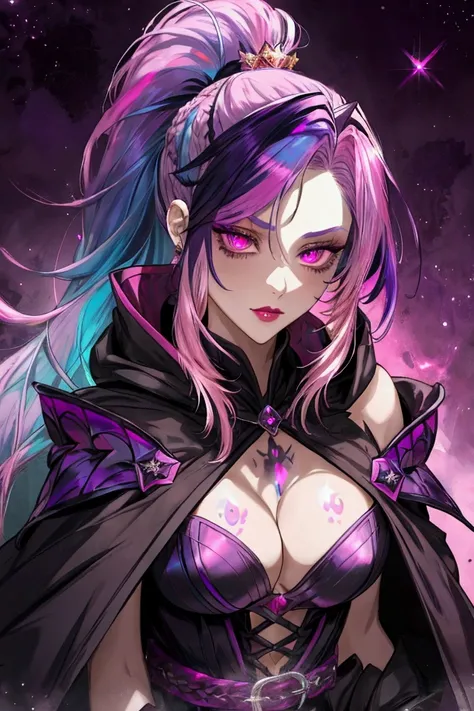 Vampire Queen Combat Dress (Radiant Royal Cloak: 1.2) Black and Purple Color outfit, (extremely delicate beautiful eyes and depression but arrogant eyes), (multicolor, ponytail, iridescent hair, colorful hair, half purple and half pink hair: 1.3), (magical...