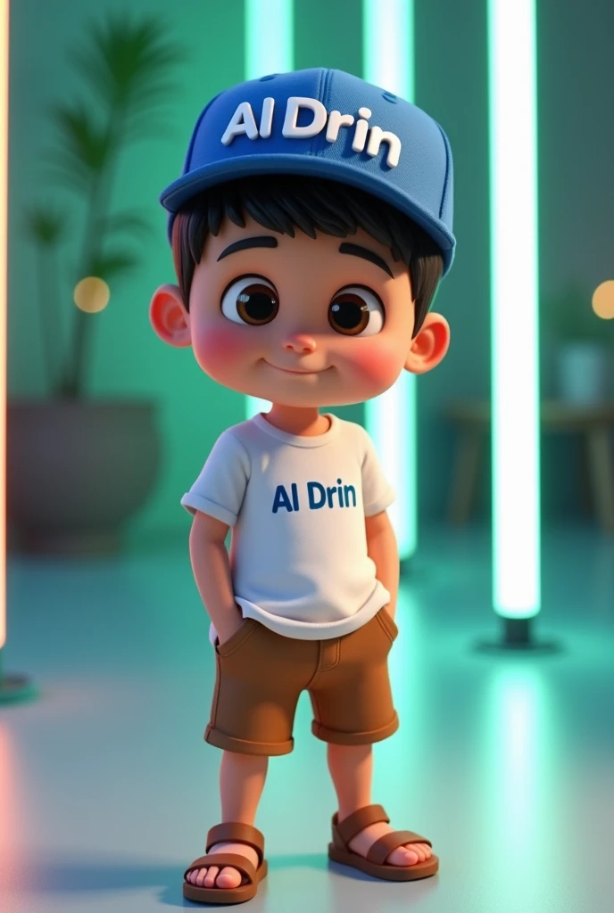 3D cartoon image of a boy with short black hair, narrowed eyes, wearing a white t-shirt with name AL DRIN in front of his tshirt and brown short pants, wearing a blue  cap with "Al Drin" in white letters, and brown sandals. His palms are inside his short p...