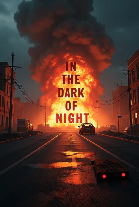 MAKE BACKGROUND POLICE AND BOM EXPLOSION BEHIND A TEXT "IN THE DARK OF NIGHT".and there is blood,fire and bomb in that text