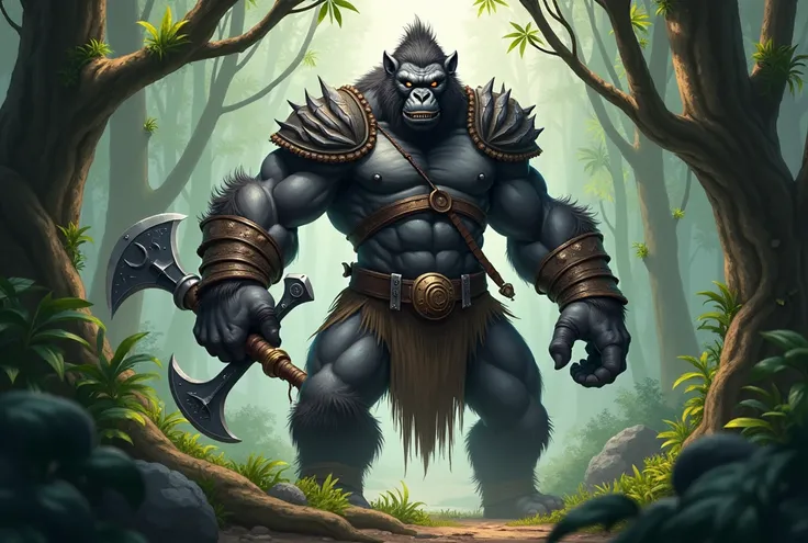 Design a high-quality digital artwork of a fearsome hybrid warrior-animal standing in an ancient jungle, showcasing the raw power and intensity of the creature. The warrior hybrid has the muscular body and imposing stature of a powerful gorilla but with hu...