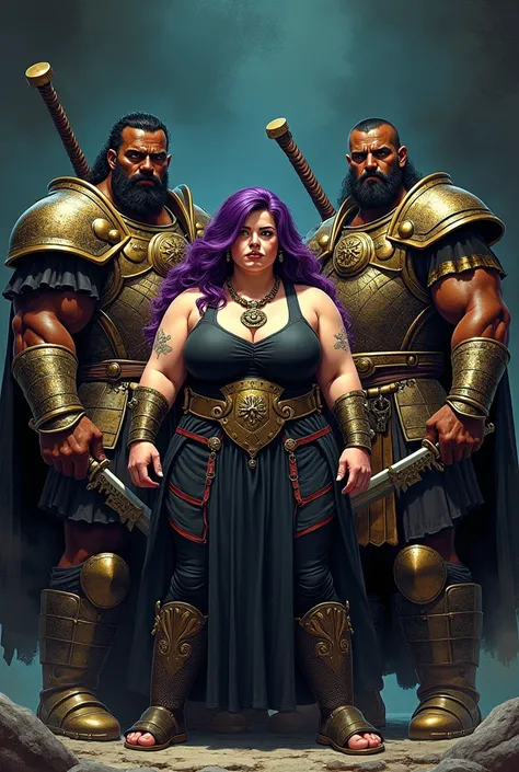 comic book image with 2 dark-skinned warrior men in armor with armor helmets and shield and a curvy, overweight, chubby woman warrior, obese white, very white woman with long purple hair and green eyes wearing an eagle necklace and black clothes, with dark...