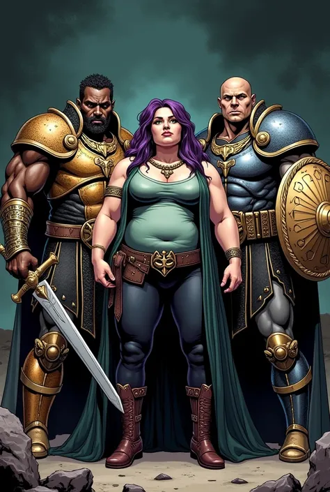 comic book image with 2 dark-skinned warrior men in armor with armor helmets and shield and a curvy, overweight, chubby woman warrior, obese white, very white woman with long purple hair and green eyes wearing an eagle necklace and black clothes, with dark...