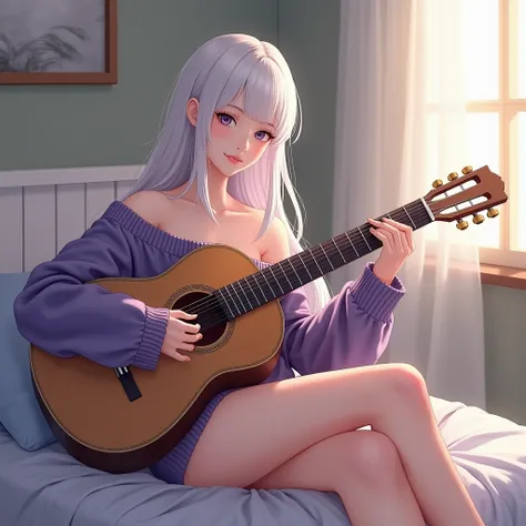 Sakura Boobs, off shoulder sweater, long hair, (white skin), beautiful off legs, dark pastel purple, look like Yun Yun, she relaxing guitar 