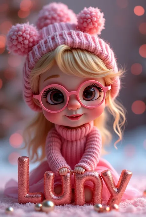 A cute Christmas Thinckerbell girl color pink sitting in the words Luny in beautiful letters color pink and magenta with cupper and peach and glittery with es color pink and glasses color pink with magenta and burgundy glitterering background