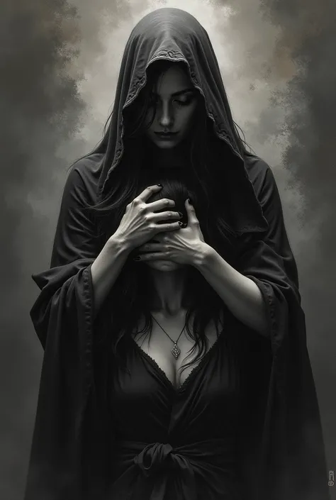 Draw a picture of Death with a flowing cover,  the Sinner in a position of regret ,  facial expressions and detailed gestures ,  plus a dark background with shadows and textures to create more impact.  Both being represented by women .  Its as if theres an...