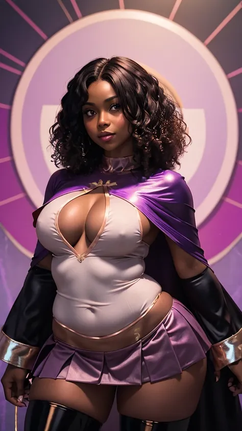 30 year old Ebony woman, wearing a one piece rose gold superheroine costume mini dress with purple pleated mini skirt, purple matching capelet, purple and rose gold gauntlets, purple and rose gold superhero boots, matching hems and trims, perfect cameltoe,...