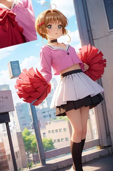 A beautiful girl in a short skirt posing for a picture in front of a building, anime girl, Kinomoto Sakura, (20 years old girl:1.4), (aged up), cleavage, cheerleader, thigh socks, school field, big rounds breasts, perfect body, hair ribbon, hairclip, hair ...