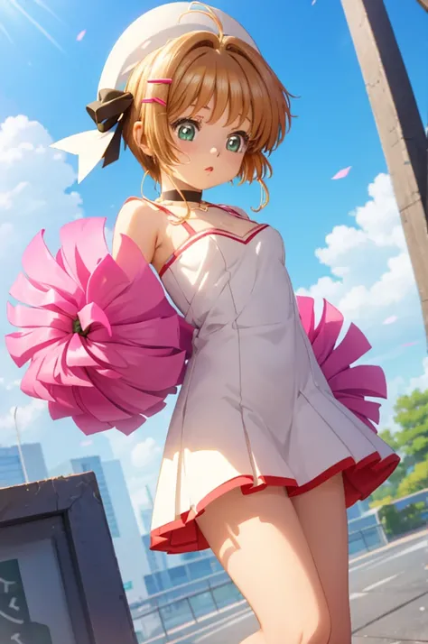 A beautiful girl in a short skirt posing for a picture in front of a building, anime girl, Kinomoto Sakura, (20 years old girl:1.4), (aged up), cleavage, cheerleader, thigh socks, school field, big rounds breasts, perfect body, hair ribbon, hairclip, hair ...