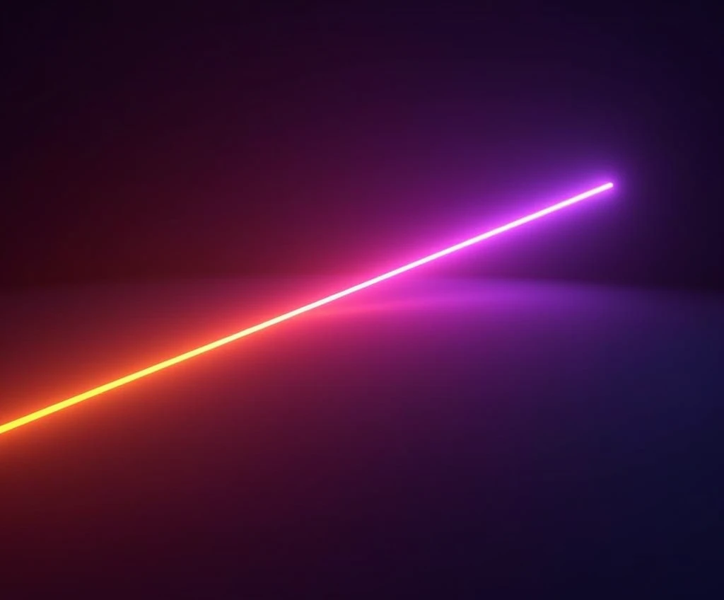 laser beam crossing empty space from left to right ,  the laser beam starts on the left as orange and gradually turns into violet in the end. In the end 