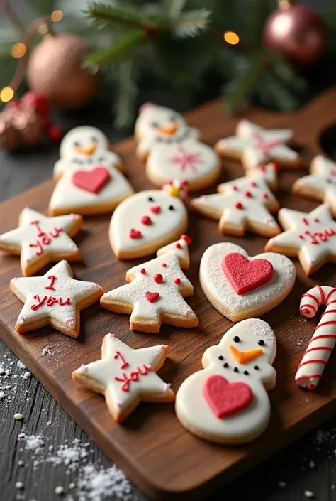 Christmas cookies in the shape of a snowman , trees, hearts, bastones y estrellas que digan i ♡ you encima de cada una