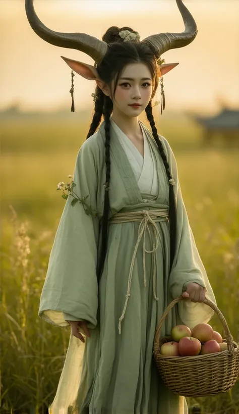 A serene Japanese girl, 18 years old, inspired by Taurus, with earthy tones in their clothing, adorned with flowers and vines. Bull-like horns, holding a basket of fruit, standing in a lush meadow under a golden sunset. Nature-inspired, highly detailed, so...