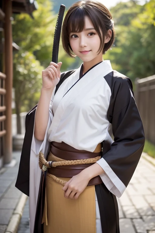  One girl , Alone, Japanese clothing,  Shorthair, arms, sword,  brown eyes,  viewers, kimono, Brown Hair, lips,  Hands on Hips , sheath, smile, katana,  black hair,  upper body,   closed mouse, sheathed,  raise your hand  