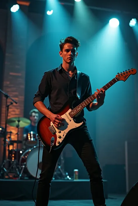 Young man with electric guitar on stage