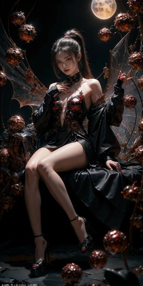  The Devils Daughter Succubus character sits on a stone throne with a winding design,  adorned with a small skull and red jewels .  His bat wings were half-open ,  radiated a shiny black sparkle .  He wore a black and red silk garment ,  with long hair tie...