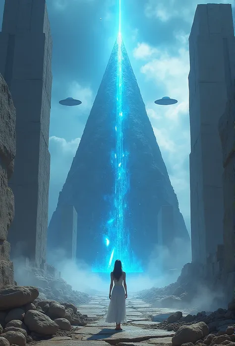  top quality 、masterpiece、 super high res、( realistic :1.4)、 Ancient Ruins 、 hard and smooth shaped UFO ,Blue crystal pyramid 、 woman standing in front of a pyramid ,meteor、 filled with huge stones