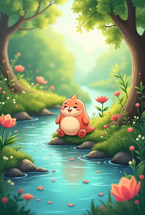 Beautiful nature, with a stream, there is a cartoon of a  with a plump figure sitting on the water.
