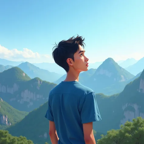 Chàng trai trẻ Việt Nam, about 20 years old, has beautiful eyes,  high nose , short hair, wear a blue short-sleeved shirt, standing at the top of the mountain 