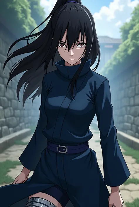 Female Ninja from Konoha , with black hair and black eyes, navy blue clothing and white skin drawn in the anime style in the style of Kishimoto