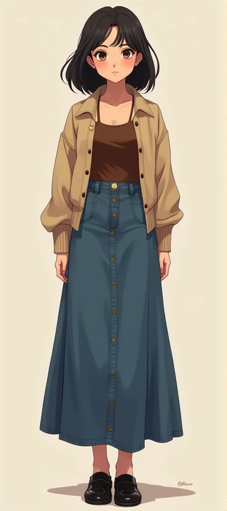 Portrait of a  Latina girl with shoulder-length hair, a long denim skirt, a tight brown blouse with straps, a beige sweater that looks like a bullfighters jacket, and shiny black shoes without socks anime chibib