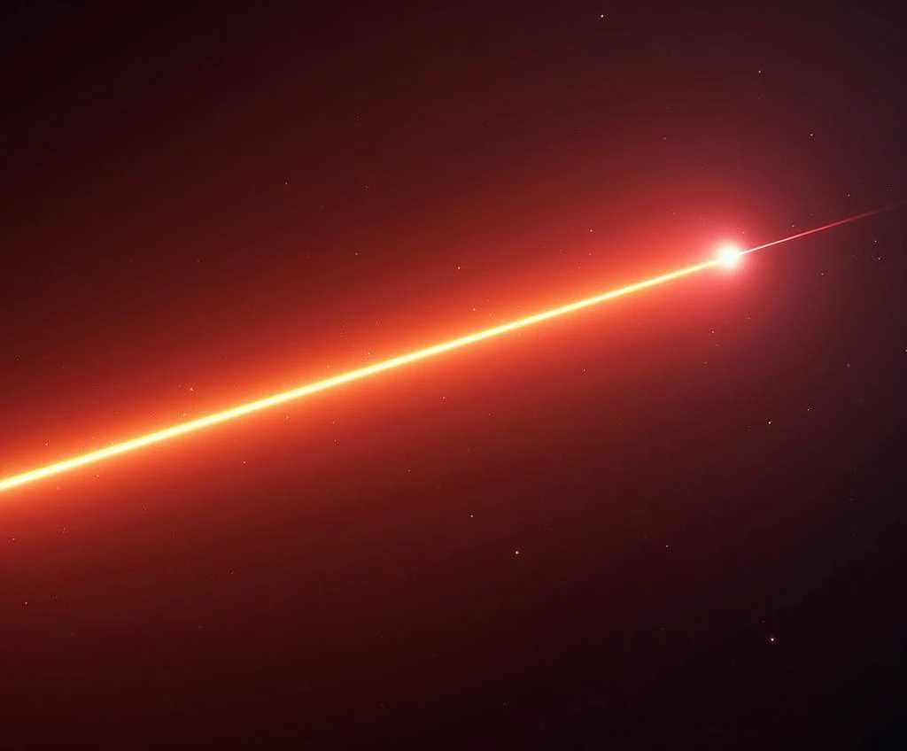 laser beam crossing empty space from left to right ,  the laser beam starts on the left as orange and gradually transforms into red at the end it breaks up,  empty transparent background , Only the halo of the beam 