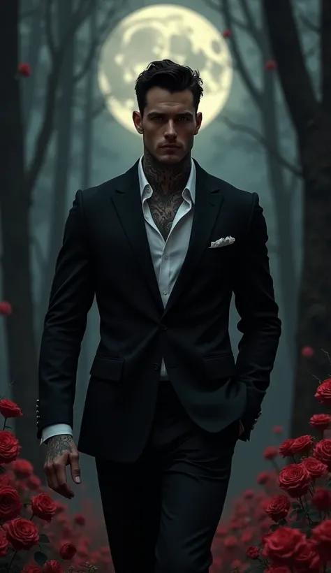 A tall, muscular, broad-shouldered, athletic physique of a 30yo Italian man, wearing a black Armani suit with the top two shirt buttons open and the sleeves rolled up half way, he has tattoos on his neck and arms, confident body language and intense expres...