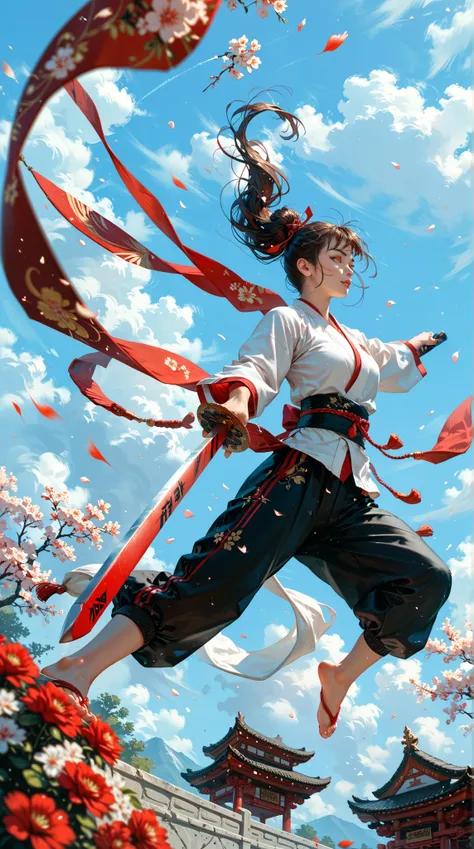  of a girl wearing a matching martial arts uniform ， with feet standing on a red giant sword ， and then flying in the sky in the sky，The background is a beautiful view in the air 