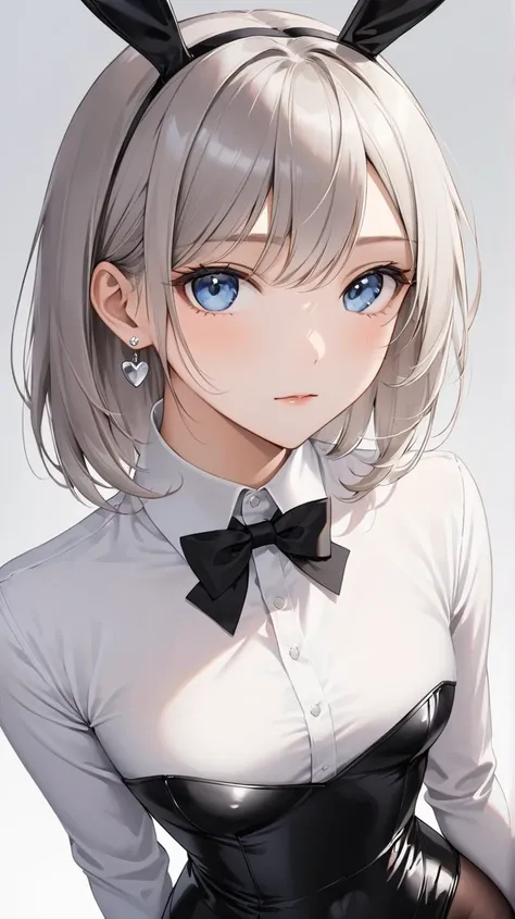 8k resolution, high-quality illustration, soft lighting, short, tousled gray hair with a faint bluish tint, sleek and casual hairstyle with soft layers, boyish charm, detailed facial features, white skin, clear eyes, modest bust size, slender build, shiny,...