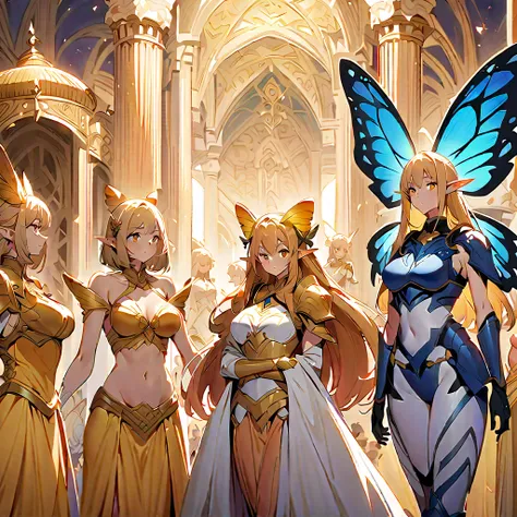 Anime, fairy girls, elfs ears, butterflys wings, body-armor, detailed body-armors, curvy body, multiple girls,  girls surrounding, background a Golden palace