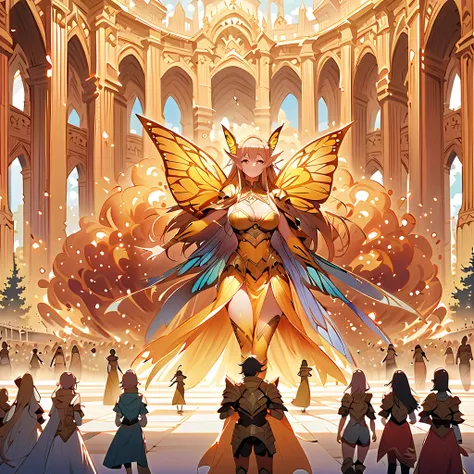 Anime, fairy girls, elfs ears, butterflys wings, body-armor, detailed body-armors, curvy body, multiple girls,  girls surrounding, background a Golden palace